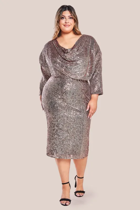 Sequin Cowl Neck Midi Dress - Champagne by Goddiva Plus sold by Goddiva