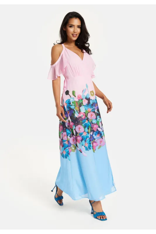 Liquorish Floral Print Maxi Wrap Dress With Frill Details In Blue And Pink sold by Goddiva