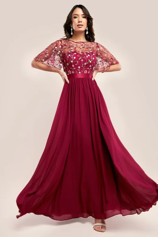 Embroidered Top Flutter Sleeve Maxi - Burgundy by Goddiva sold by Goddiva