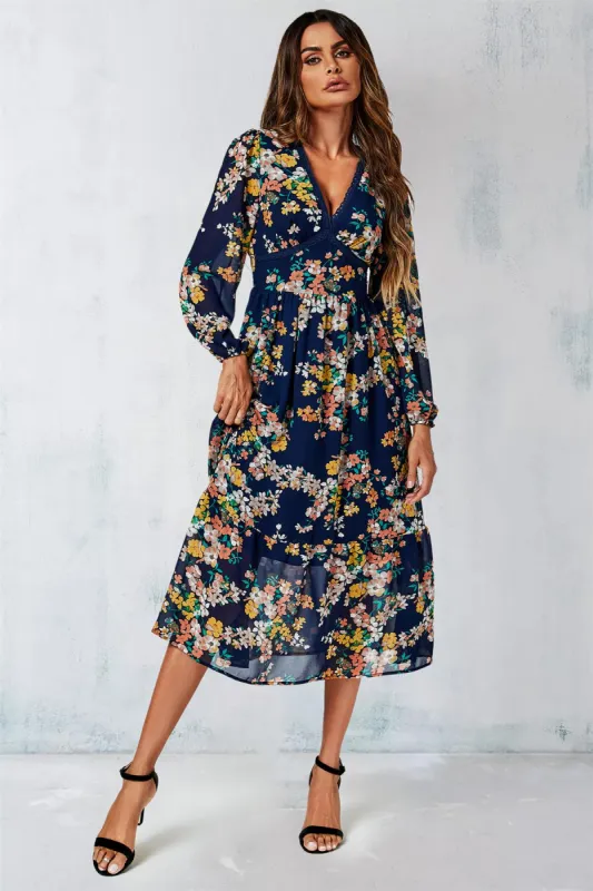 Floral Print Long Sleeve Maxi Dress In Navy by FS Collection sold by Goddiva