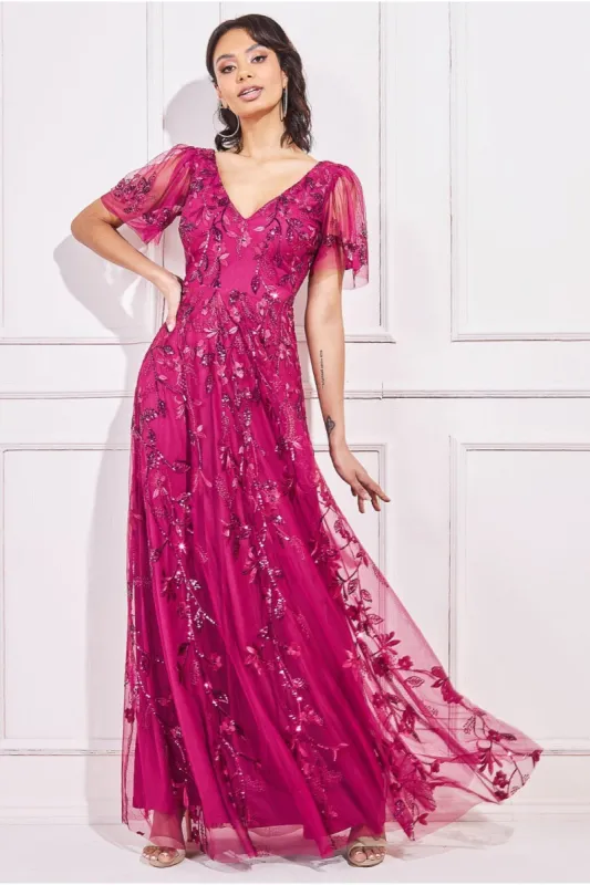 Flared Sleeve Embroidered Maxi Dress - Magenta by Goddiva sold by Goddiva