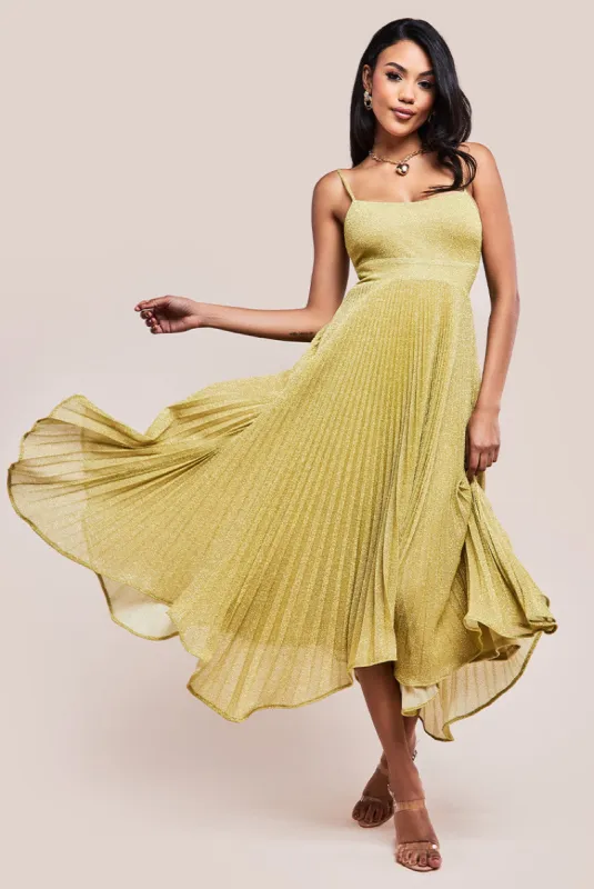 Tie Back Pleated Lurex Skater Midi Dress - Gold by Goddiva sold by Goddiva