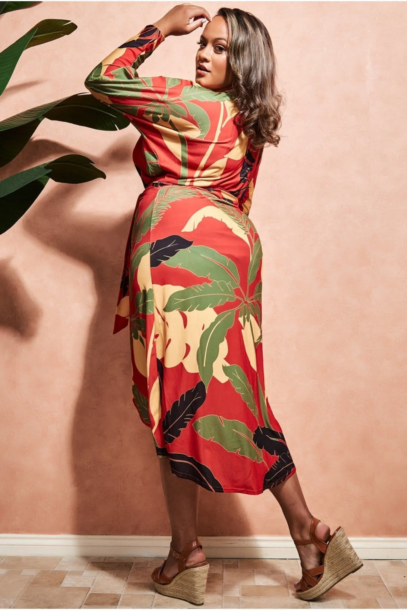 Goddiva Plus Printed Batwing Wrap Midi Dress - Orange sold by Goddiva product image thumbnail 2