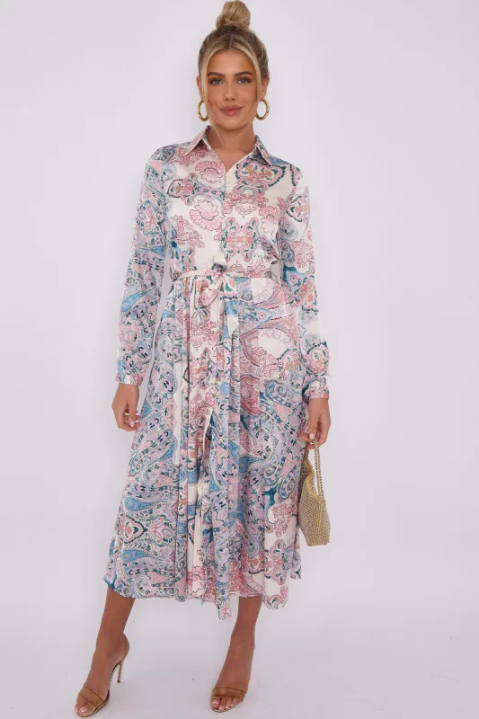 LOVE SUNSHINE Blue Mixed Paisley Print Silky Midaxi Shirt Dress sold by Goddiva