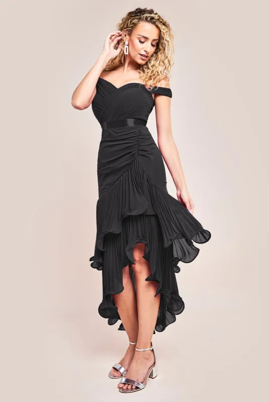 Pleated Bardot High Low Tier Chiffon Midaxi Dress - Black by Goddiva sold by Goddiva