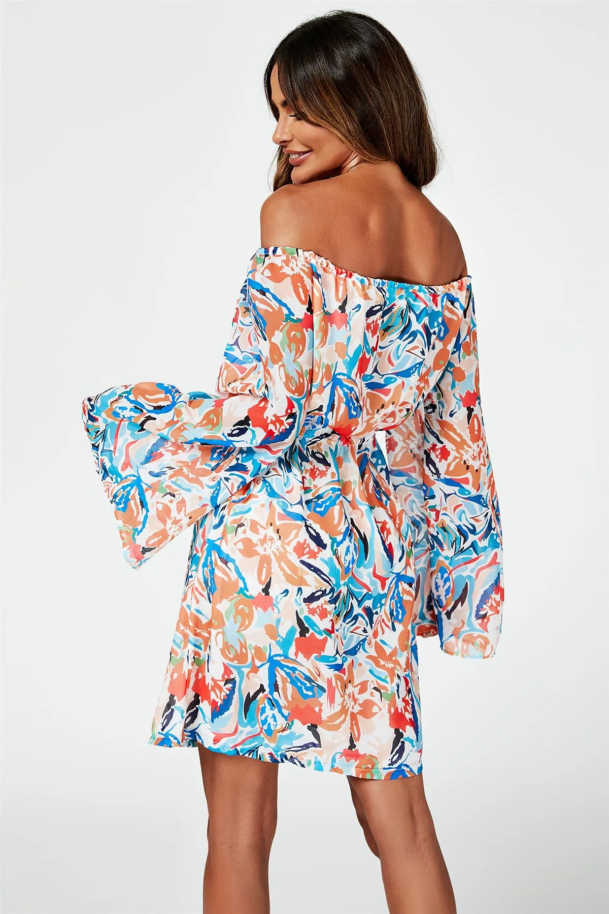 FS Collection Flute Sleeve Bardot Dress With Tie Detail In Orange sold by Goddiva product image thumbnail 4