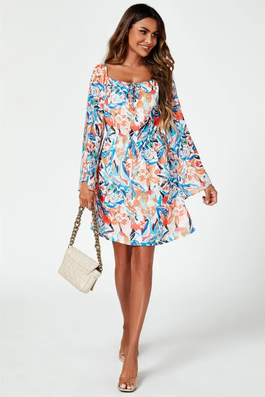 FS Collection Flute Sleeve Bardot Dress With Tie Detail In Orange sold by Goddiva