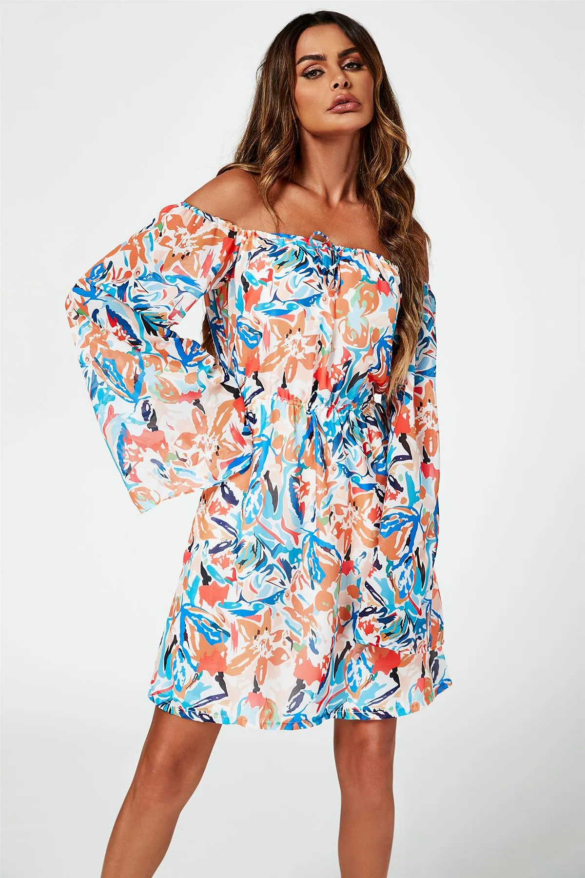 FS Collection Flute Sleeve Bardot Dress With Tie Detail In Orange sold by Goddiva product image thumbnail 5