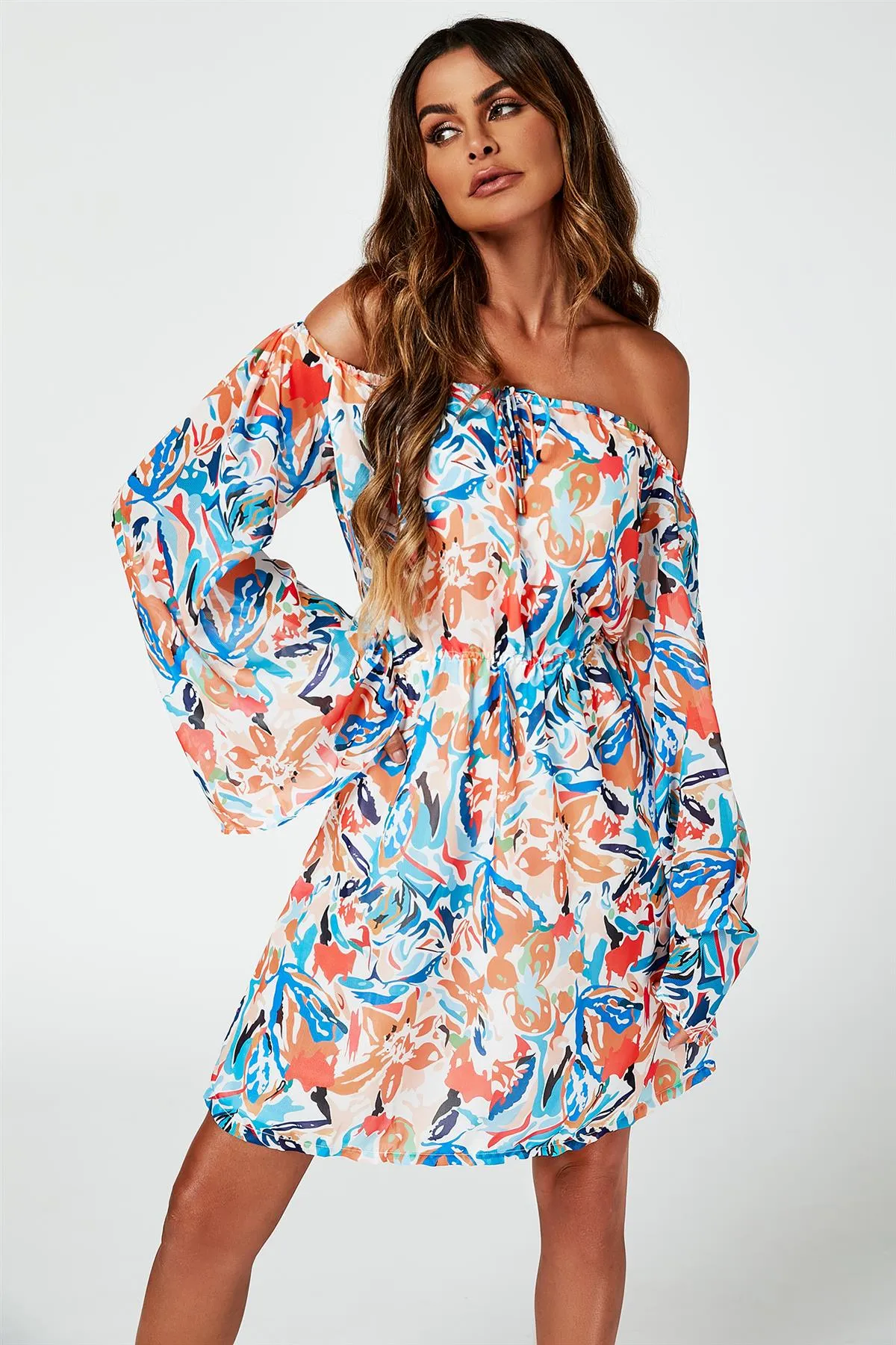 FS Collection Flute Sleeve Bardot Dress With Tie Detail In Orange sold by Goddiva product image thumbnail 3