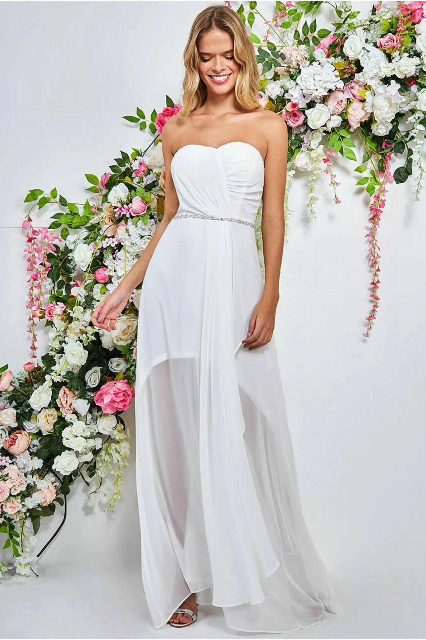 Bardot Chiffon Wedding Dress With Belt - White by Goddiva sold by Goddiva