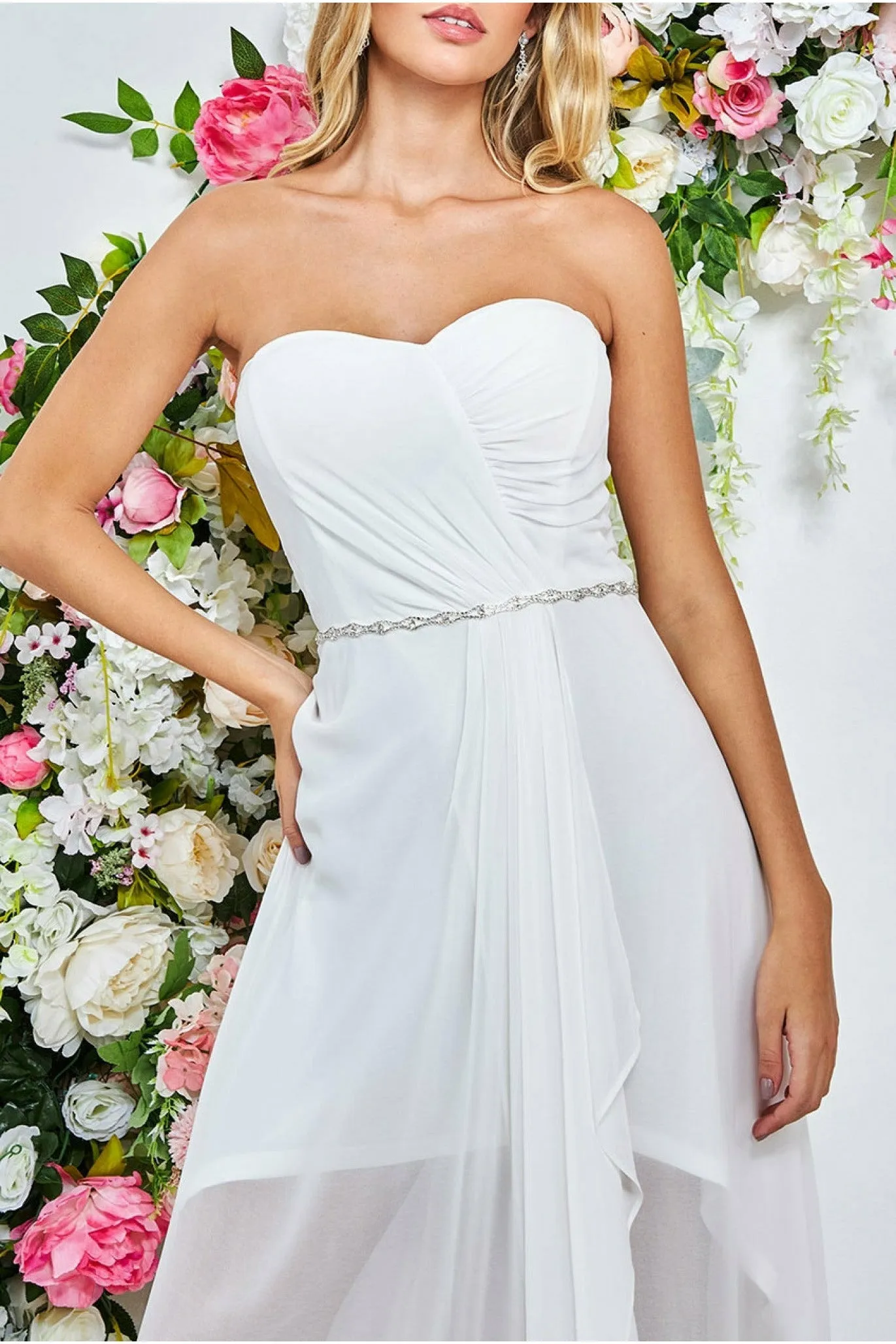 Bardot Chiffon Wedding Dress With Belt - White by Goddiva sold by Goddiva product image thumbnail 3