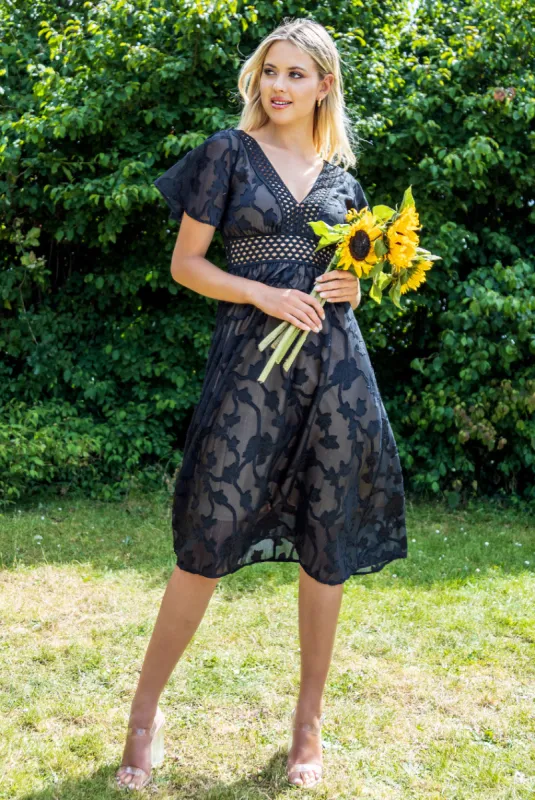 Jacquard Lurex Burnout A Line Midi Dress - Black by Goddiva sold by Goddiva