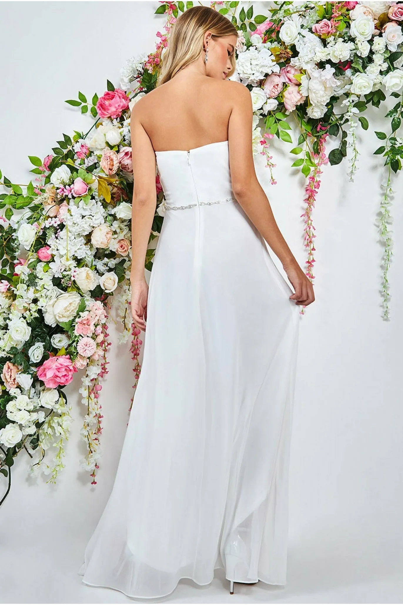 Bardot Chiffon Wedding Dress With Belt - White by Goddiva sold by Goddiva product image thumbnail 2