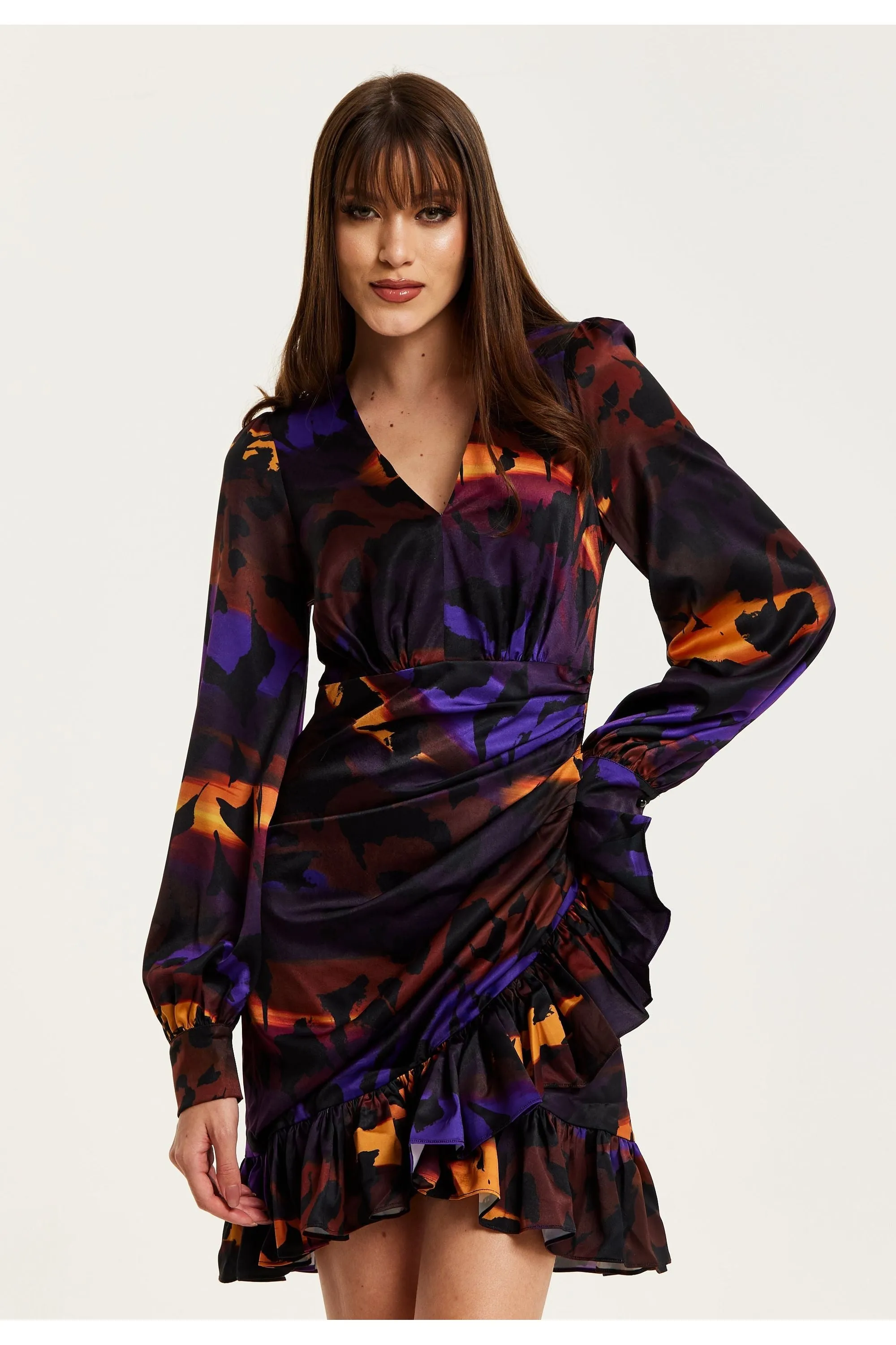 Abstract Print Mini Dress With Frill Details by Liquorish sold by Goddiva