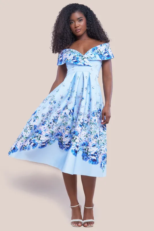 Goddiva Bardot Floral Print A-Line Scuba Foam Midi Dress - Blue sold by Goddiva