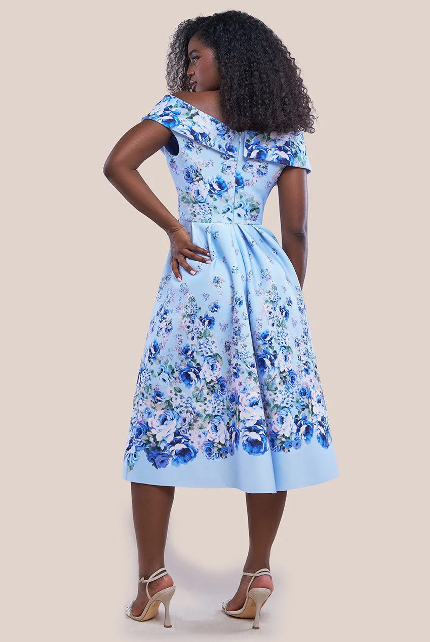 Goddiva Bardot Floral Print A-Line Scuba Foam Midi Dress - Blue sold by Goddiva product image thumbnail 2
