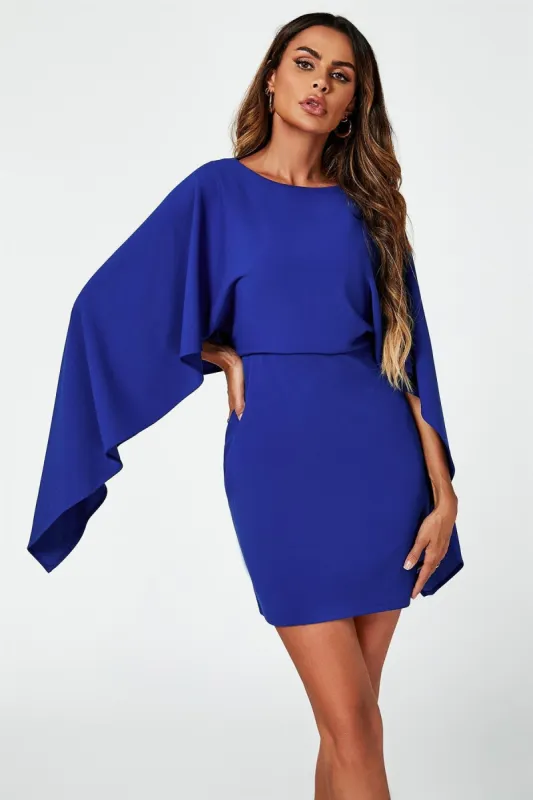 Back Detail Mini Dress With Cape In Blue by FS Collection sold by Goddiva