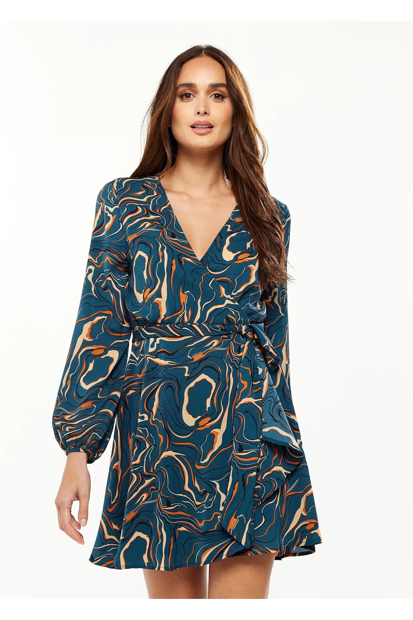 Scribble Print Mini Wrap Dress With Long Sleeves by Liquorish sold by Goddiva