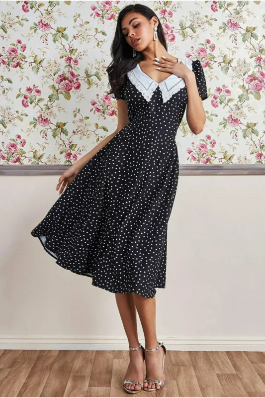 Goddiva Printed Tea Dress With Collar - Black sold by Goddiva