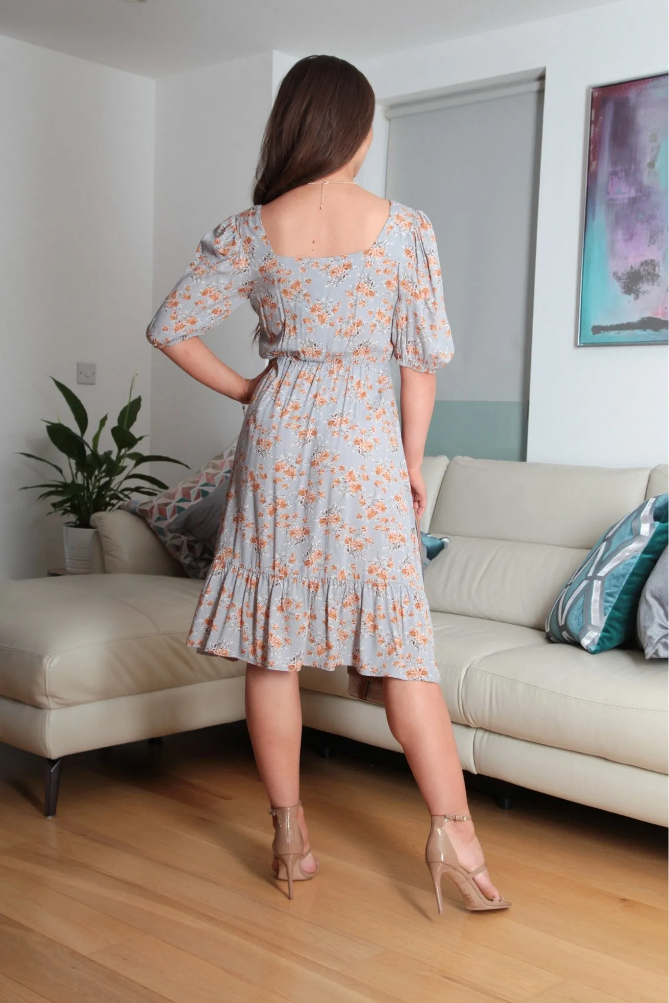 Grey Floral Dress With Square Neck by Double Second sold by Goddiva product image thumbnail 4