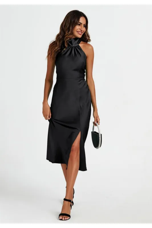 Satin Halter Neck Tie Back Midi Dress In Black by FS Collection sold by Goddiva