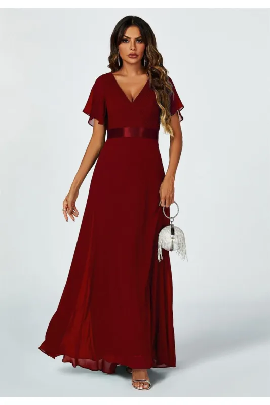 FS Collection Angel Sleeves Empire Waist Bridesmaid Dress In Wine made by Goddiva