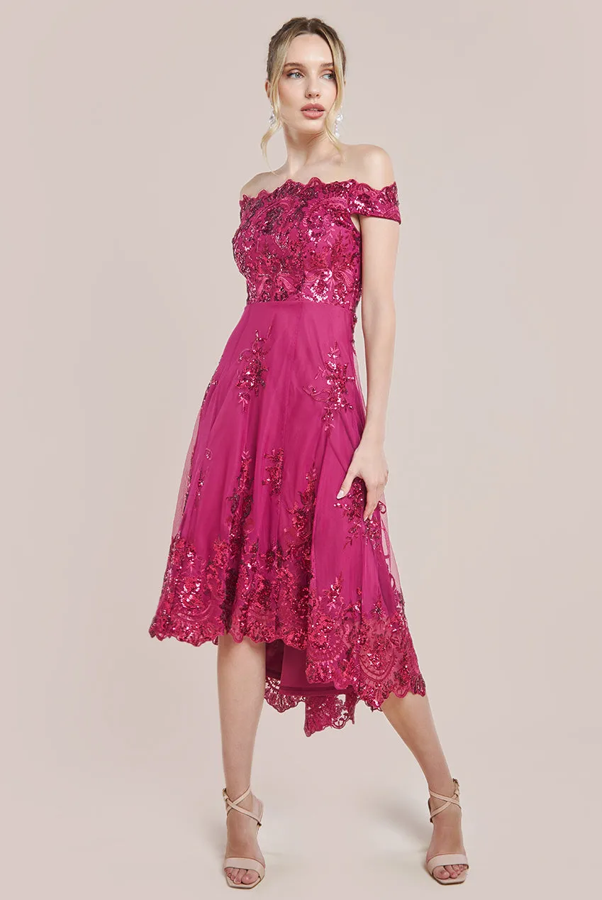 Bardot Sequin & Lace High Low Midi - Magenta by Goddiva sold by Goddiva