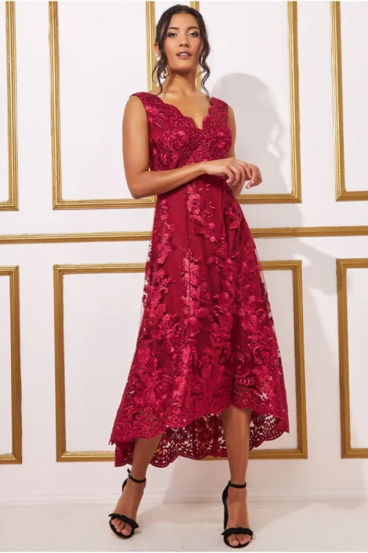 Goddiva Scalloped Neck Lace Midi Dress - Wine sold by Goddiva