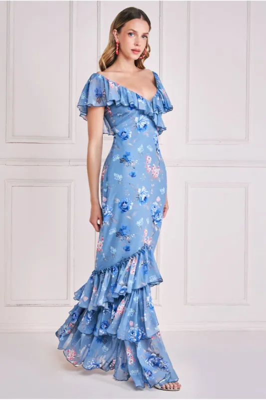 Floral Printed Chiffon Ruffle Maxi - Blue by Goddiva sold by Goddiva
