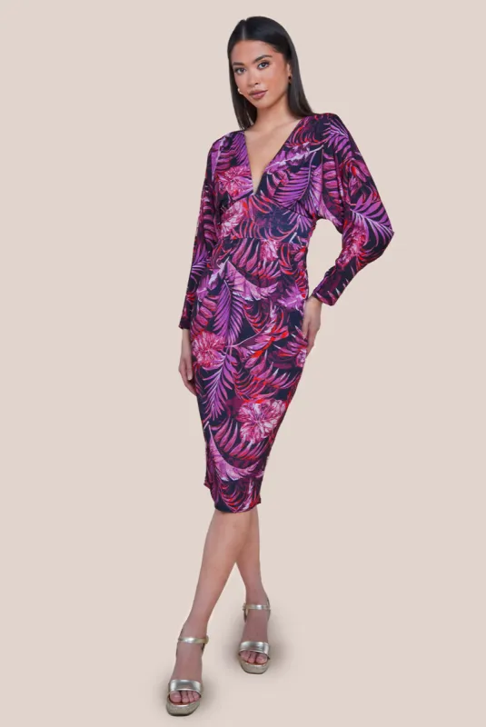 Tropical Print Midi With Batwing Sleeves - Purple by Goddiva sold by Goddiva