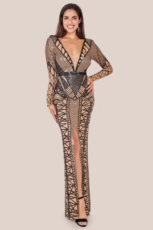 Geometric Sequin Plunge Maxi - Black by Goddiva sold by Goddiva