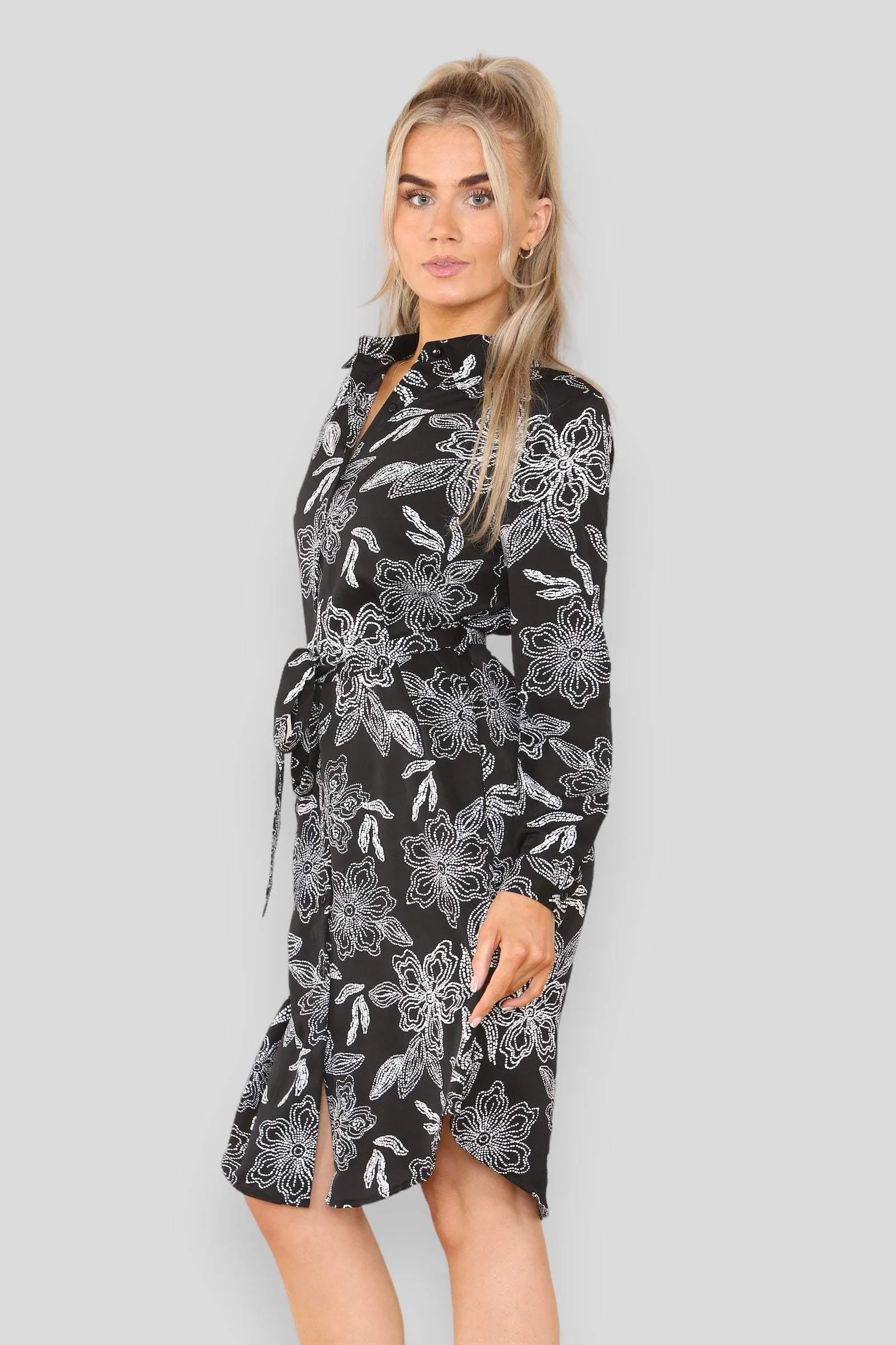 LOVE SUNSHINE Mono Floral Print Belted Mini Shirt Dress sold by Goddiva product image thumbnail 3