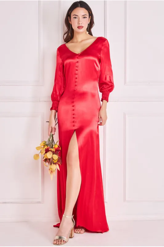 Satin Viscose Front Split Maxi - Red by Goddiva made by Goddiva