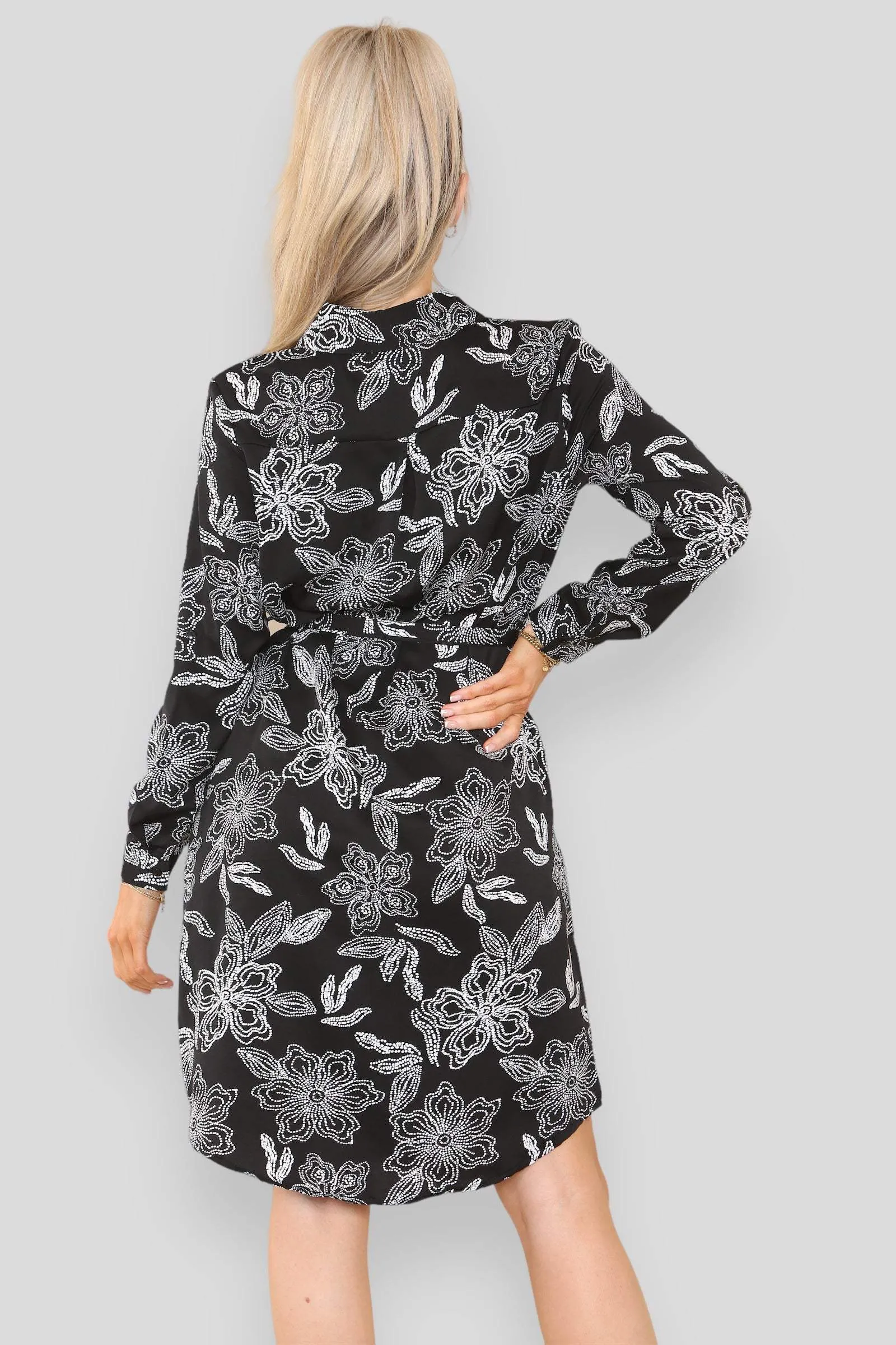 LOVE SUNSHINE Mono Floral Print Belted Mini Shirt Dress sold by Goddiva product image thumbnail 4