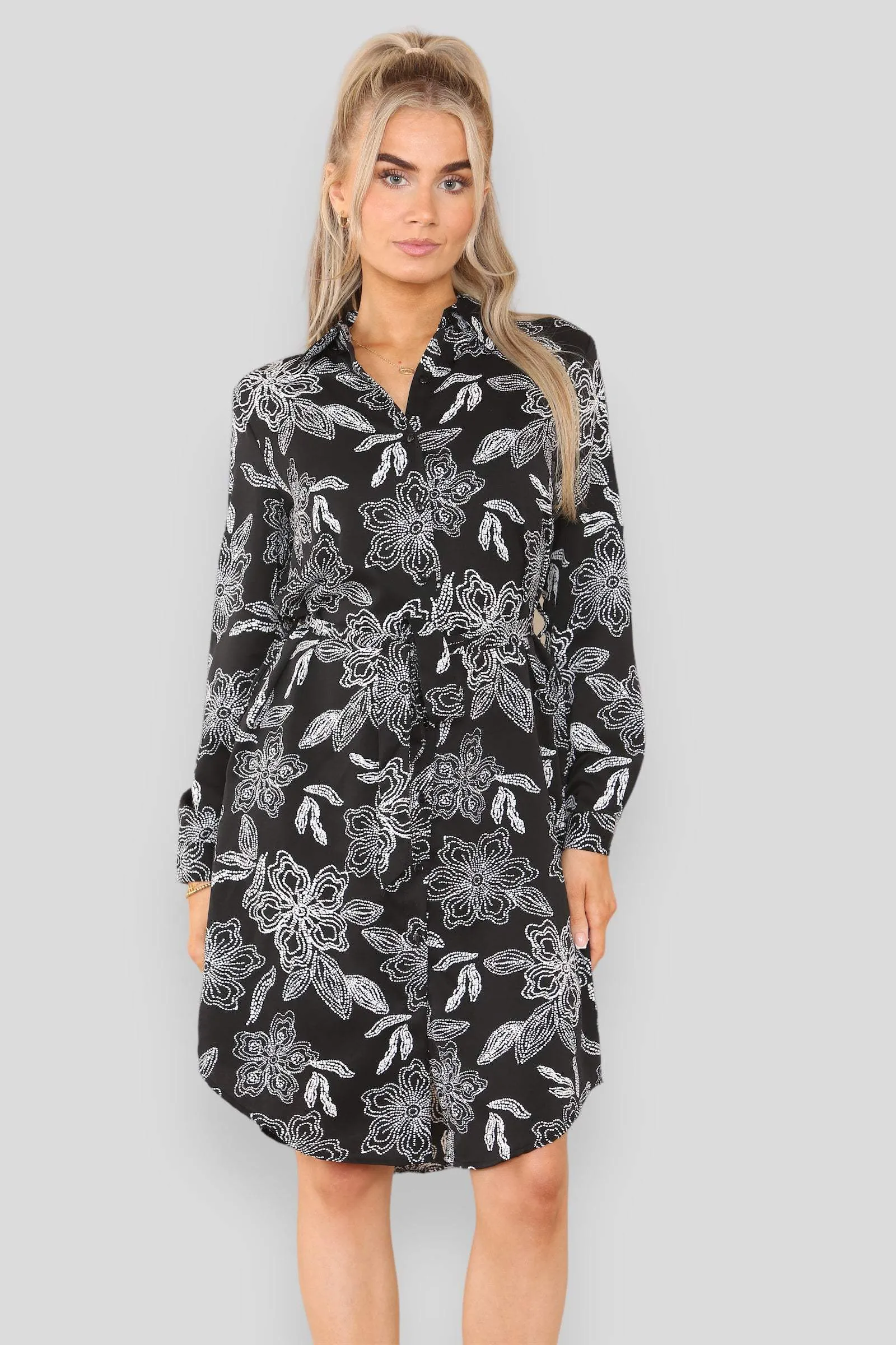 LOVE SUNSHINE Mono Floral Print Belted Mini Shirt Dress sold by Goddiva