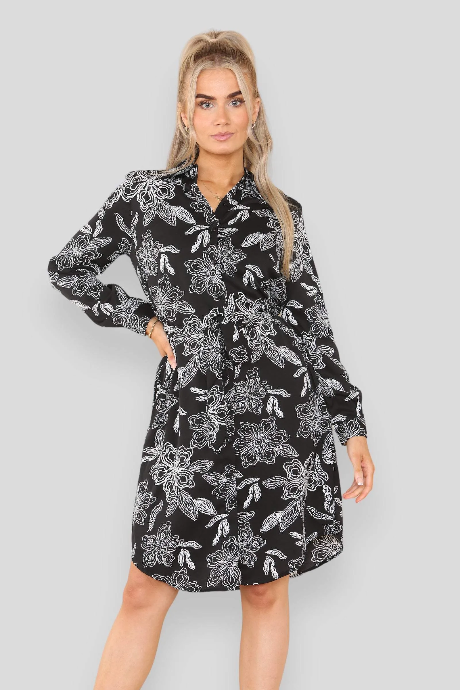 LOVE SUNSHINE Mono Floral Print Belted Mini Shirt Dress sold by Goddiva product image thumbnail 2