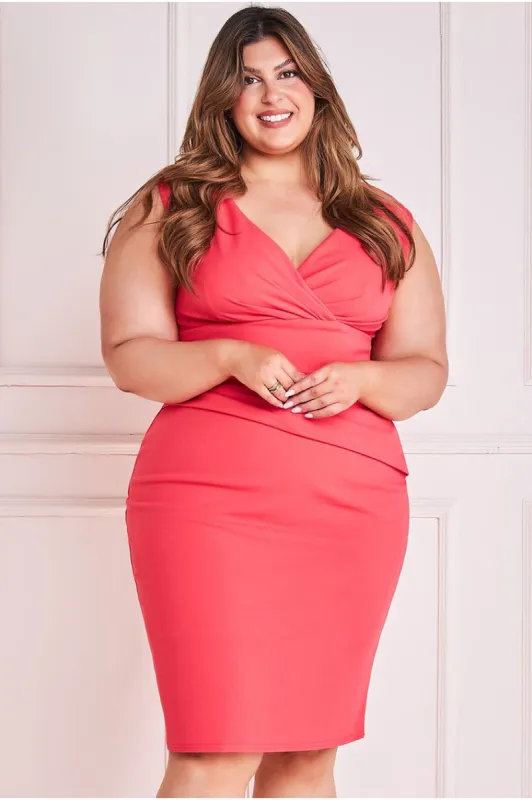 Bardot Pleated Midi Dress - Coral by Goddiva Plus sold by Goddiva
