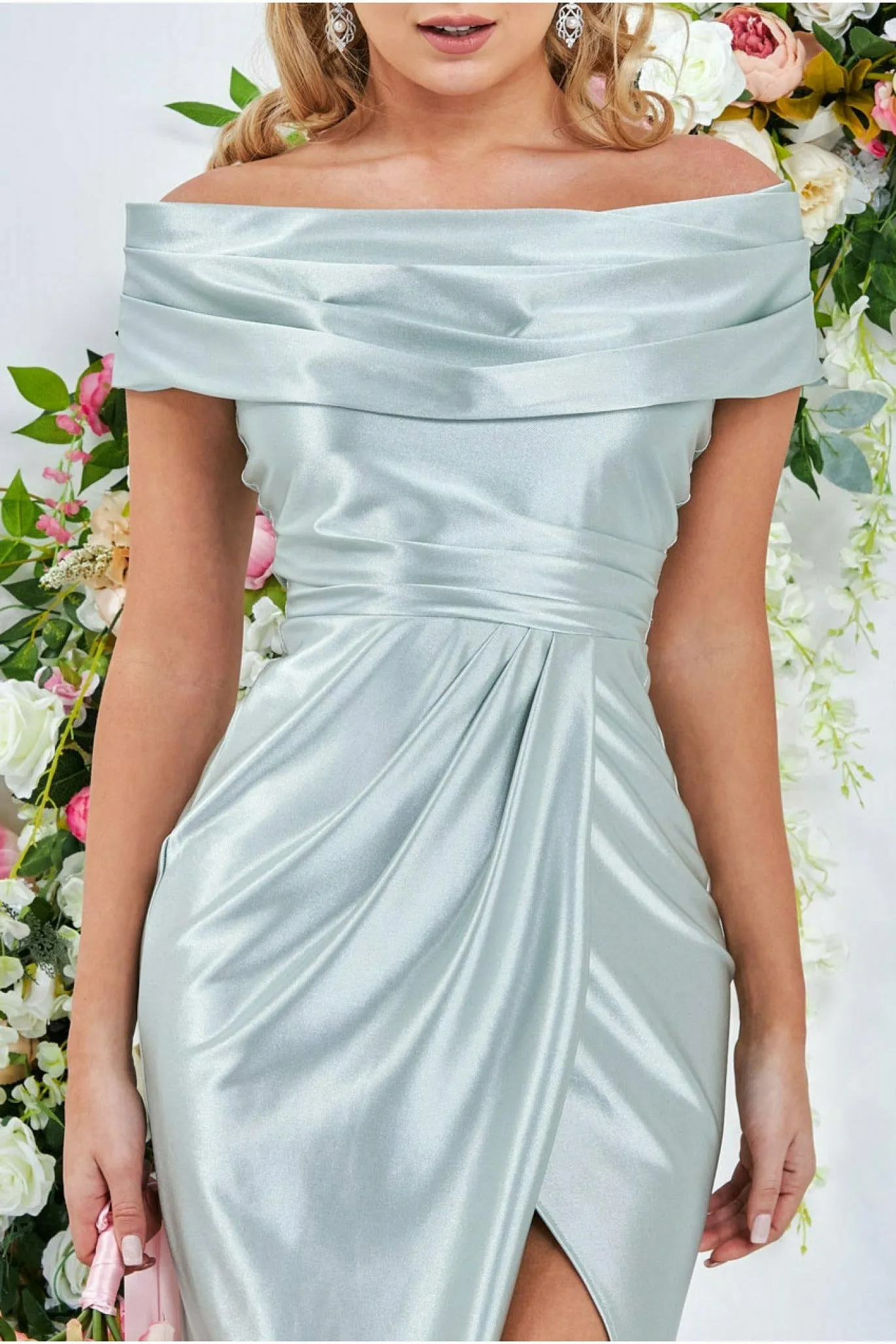 Goddiva Cowl Neck Bardot Satin Maxi Front Split - Sage Green sold by Goddiva product image thumbnail 3