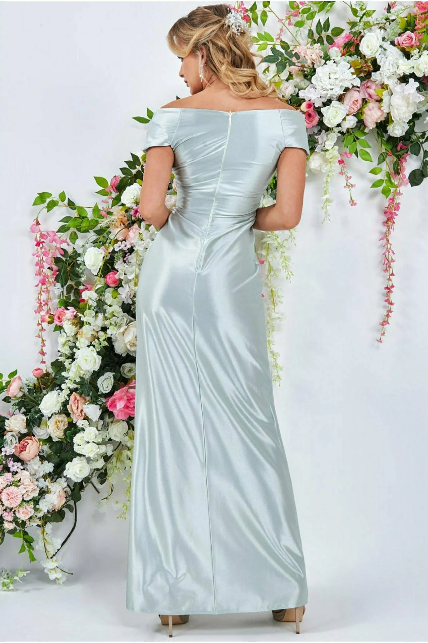 Goddiva Cowl Neck Bardot Satin Maxi Front Split - Sage Green sold by Goddiva product image thumbnail 2