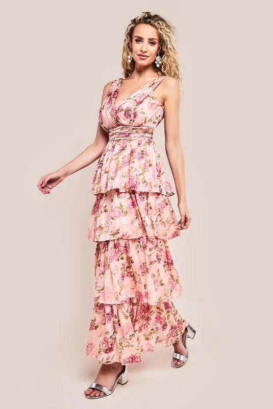 Tiered Chiffon Floral Maxi Dress - Multi by Goddiva sold by Goddiva