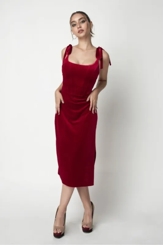Red Corset Velvet Dress by Double Second sold by Goddiva