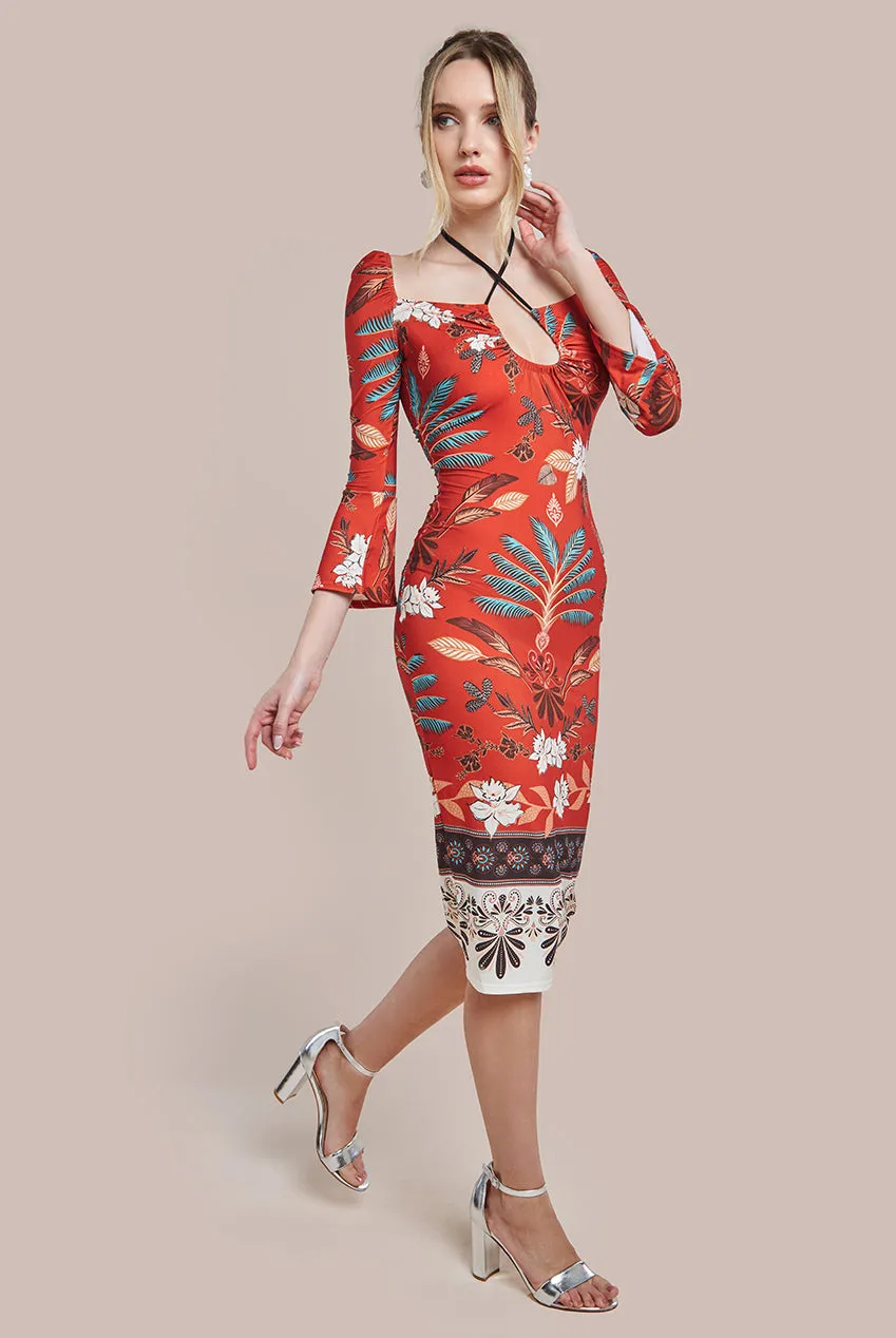 Printed Tie Back Midi Dress - Orange by Goddiva sold by Goddiva