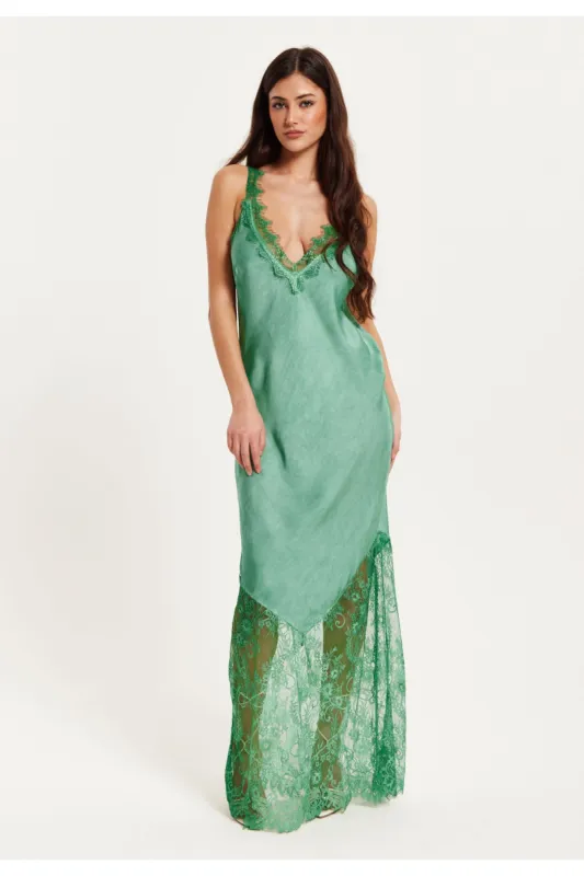Lace Detailed V Neck Maxi Dress In Dark Green by Liquorish sold by Goddiva