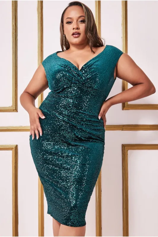 Sequin & Velvet Bardot Midi - Emerald Green by Goddiva Plus sold by Goddiva