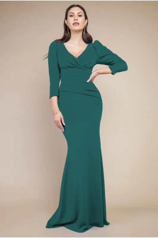 Front Wrap Pleated Scuba Maxi Dress - Emerald Green by Goddiva sold by Goddiva