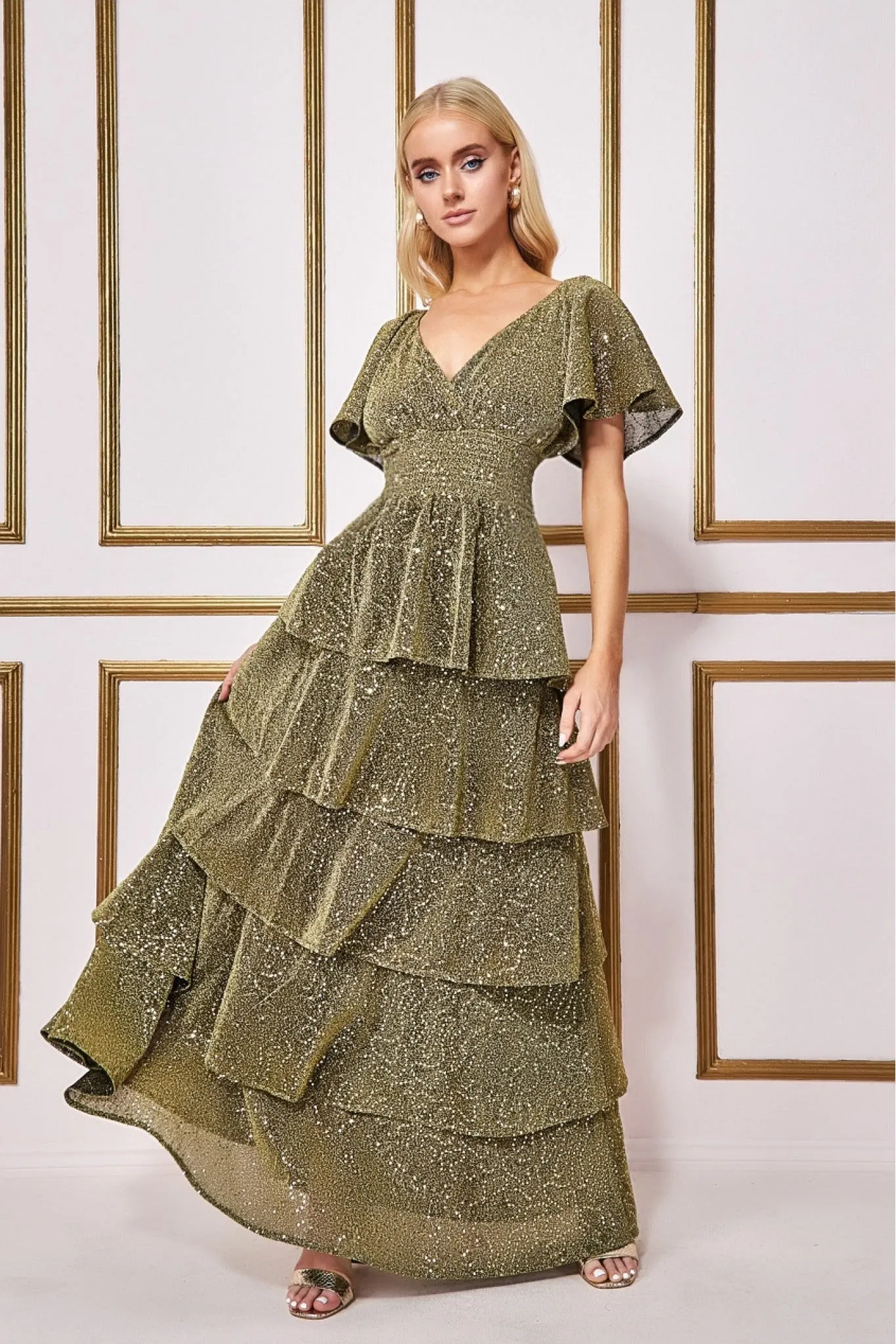 Sequin Lurex Tiered Maxi Dress - Gold by Goddiva sold by Goddiva