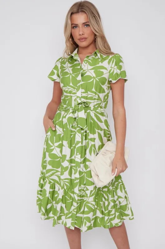 Green Leaf Printed Short Sleeve Midi Dress by LOVE SUNSHINE sold by Goddiva