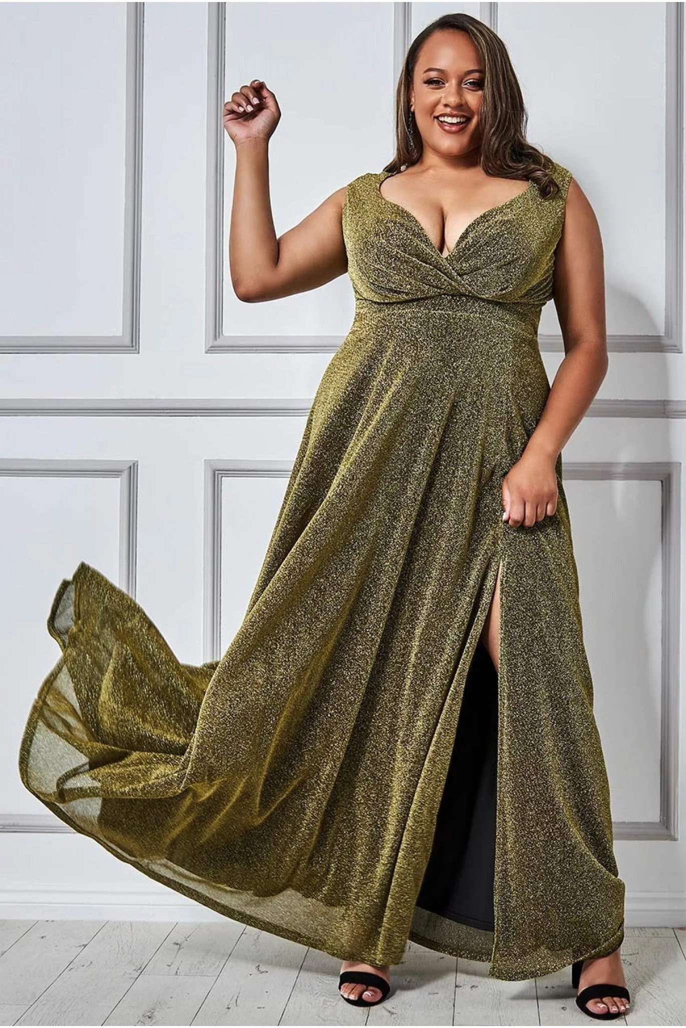 Goddiva Plus Crossover Lurex Glitter Maxi Dress - Gold sold by Goddiva