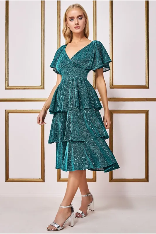 Goddiva Sequin Lurex Tiered Midi Dress - Teal Blue sold by Goddiva