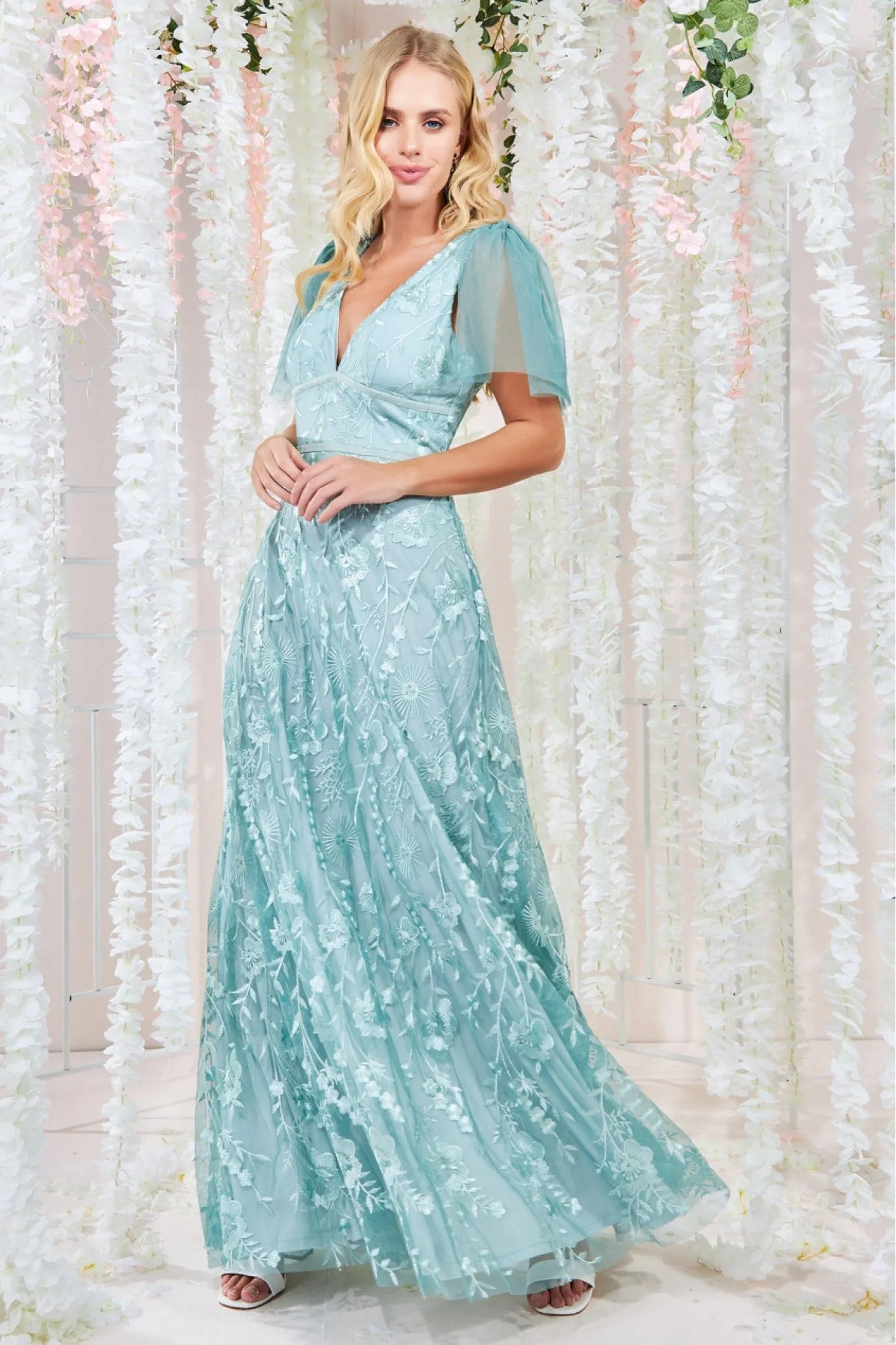 Goddiva Embroidered Lace Maxi Flutter Sleeves - Sage Green sold by Goddiva